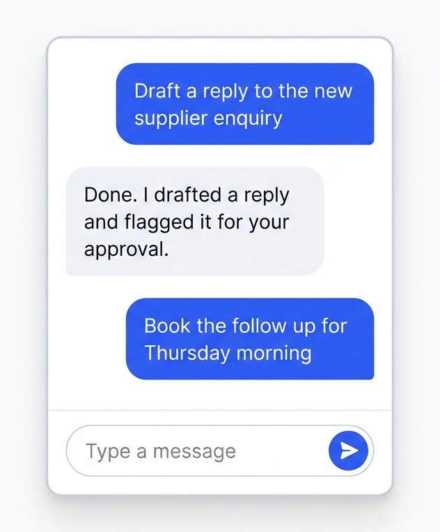 An AI assistant chat interface drafting a reply and flagging it for approval.