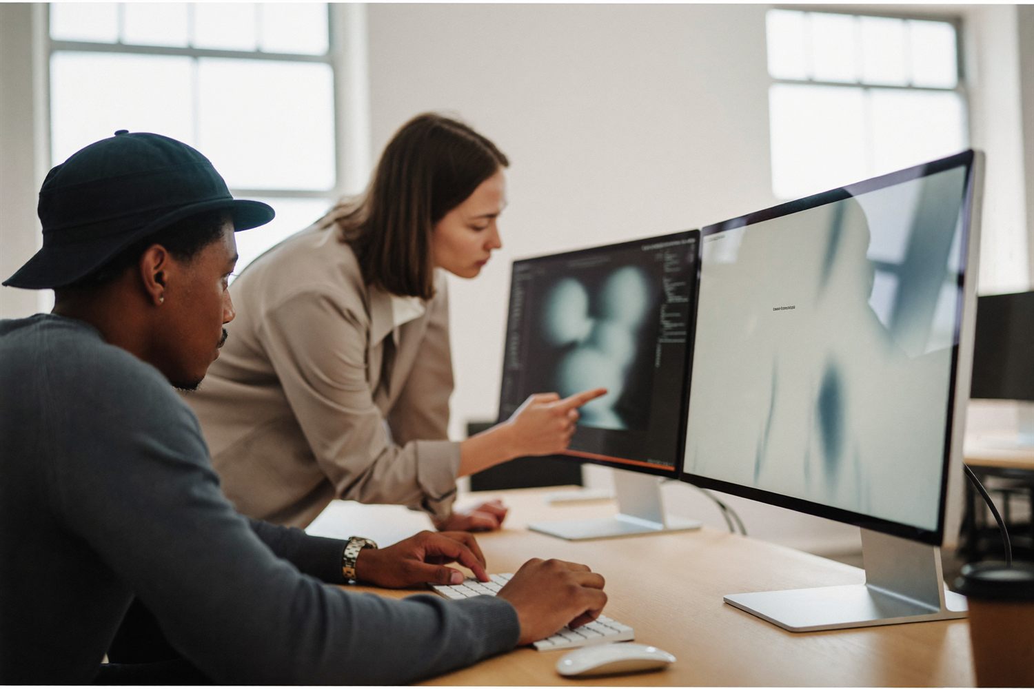 Two colleagues building and configuring systems together at a workstation.